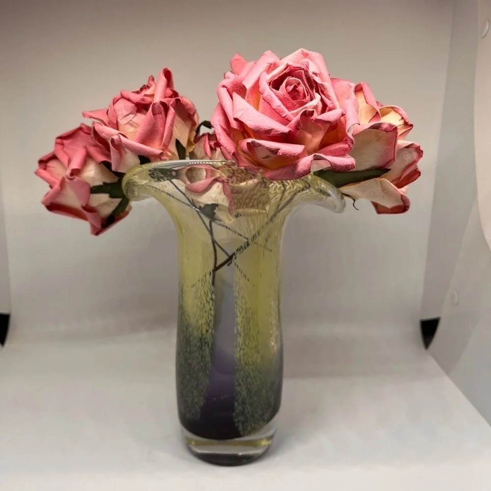 Teleflora Speckled Art Glass Vase Purple Green Flared Lip Hand Blown 8 Inch